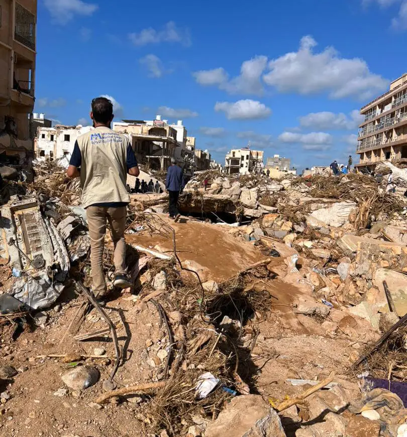 International Medical Corps team members survey the extensive damage in Derna, Libya.